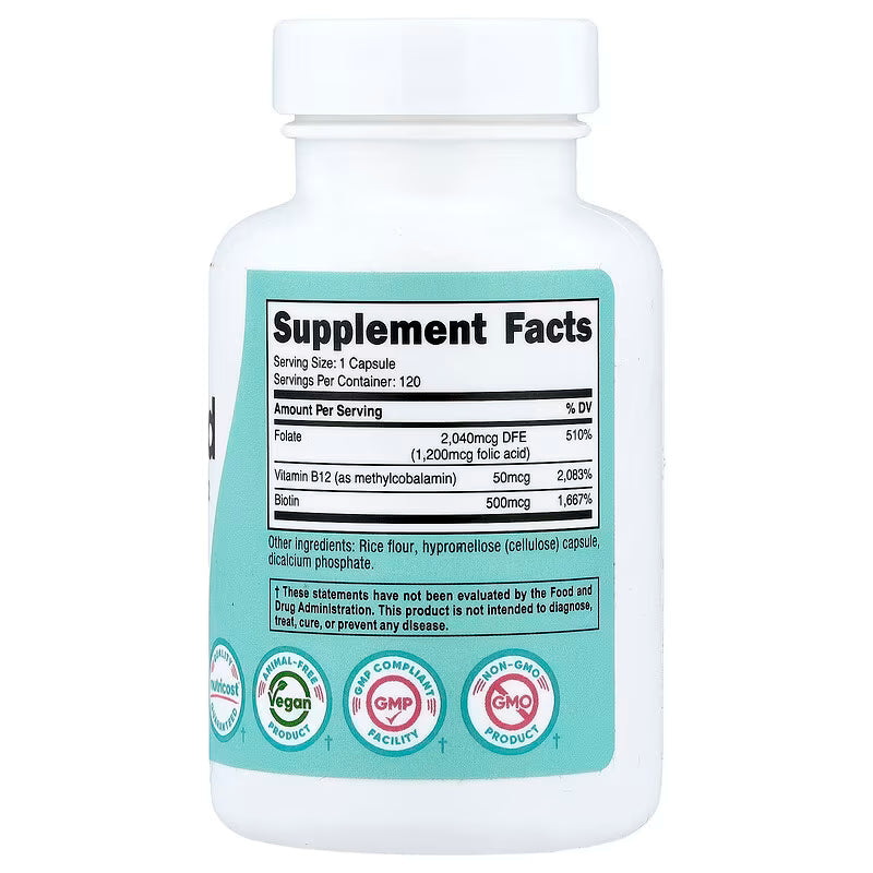 ACIDO FOLICO 1.200 MÁcido Fólico 1.200 mcg + Biotina 500 mcg + Metil B12 50 mcg 120 Cápsulas - Nutricost