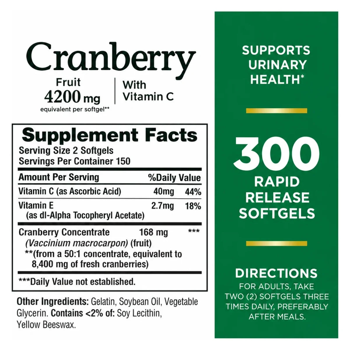 Cranberry con Vitamina C 4200 mg 300 Cápsulas Blandas Natures Bounty