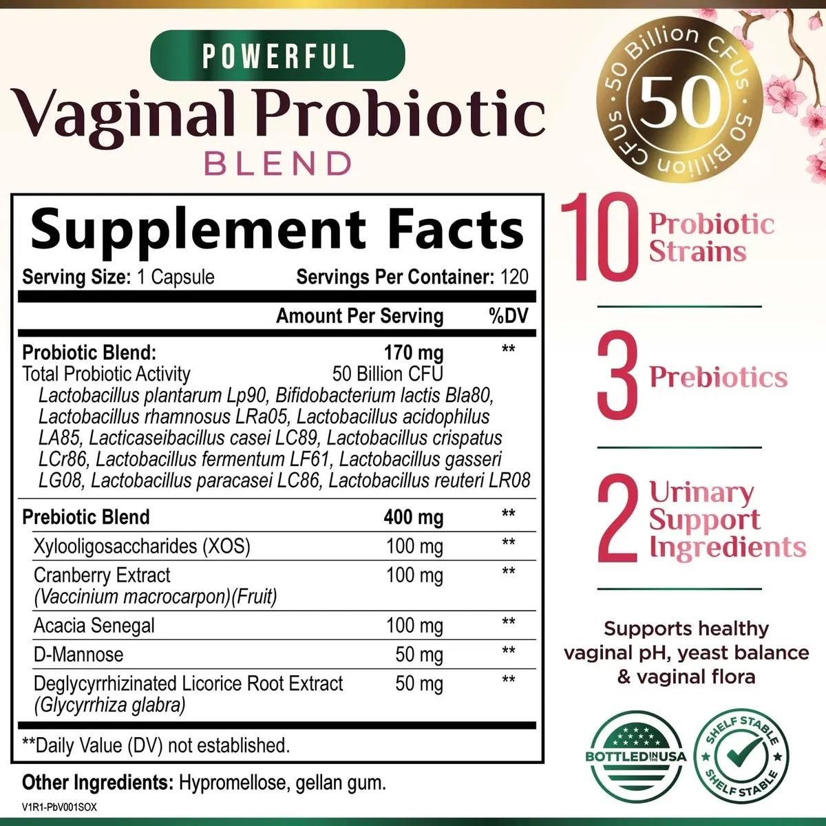 PROBIOTICOS VAGINALES 50 BILLONES + CRANBERRY + DMAÑOSA 120 CAPSULAS - NATURES NUTRITION