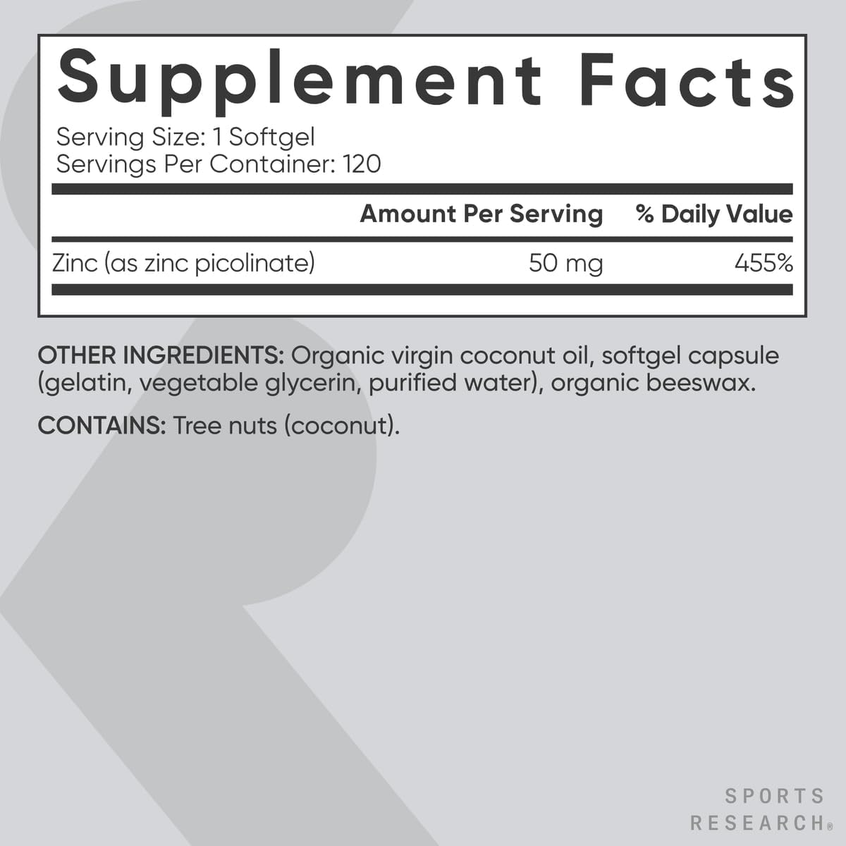 ZINC PICOLINATE HIGH POTENCY 50 MG 60 SOFTGELS - SPORTS RESEARCH