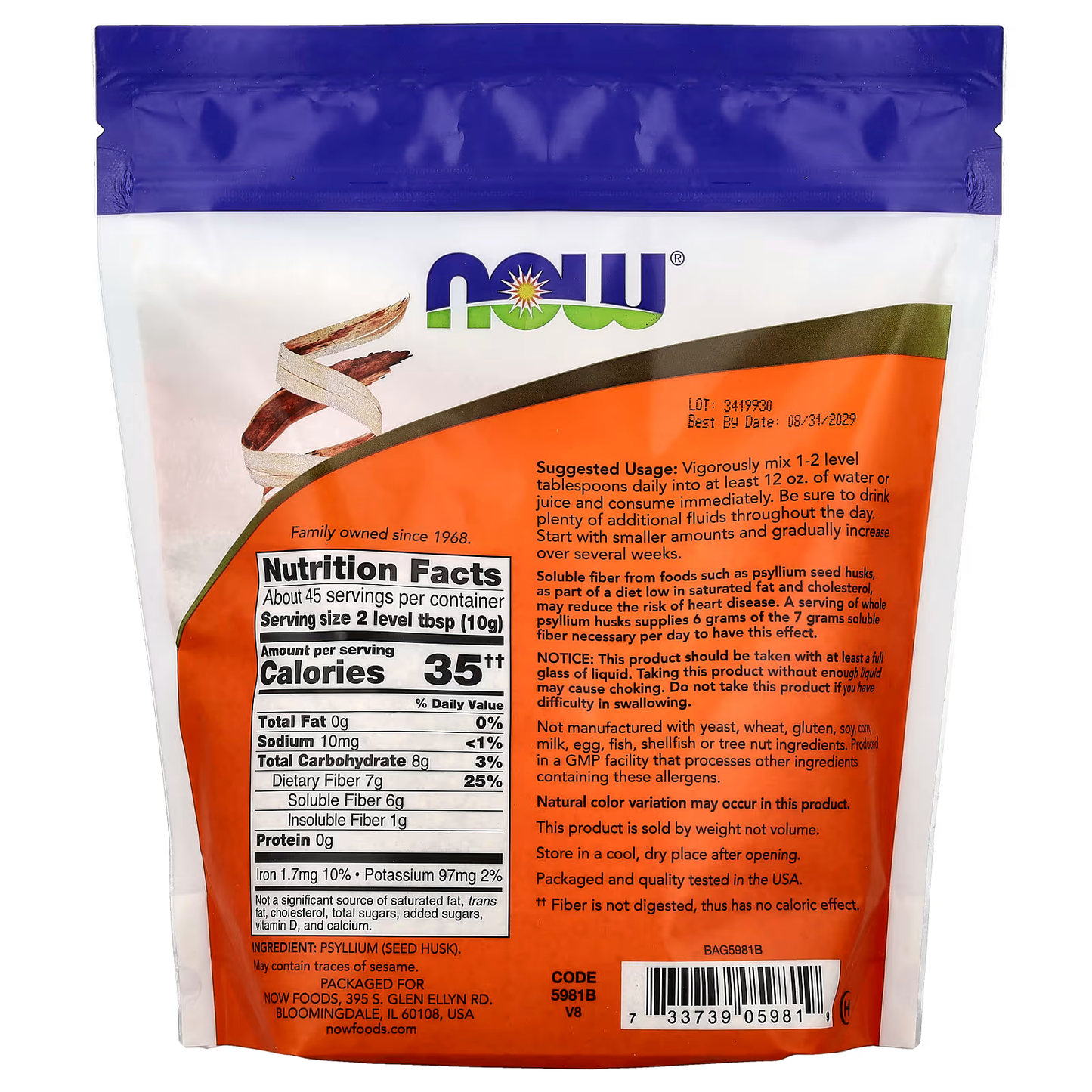 PSYLLIUM HUSK WHOLE NOW FIBRA 16OZ - NOW