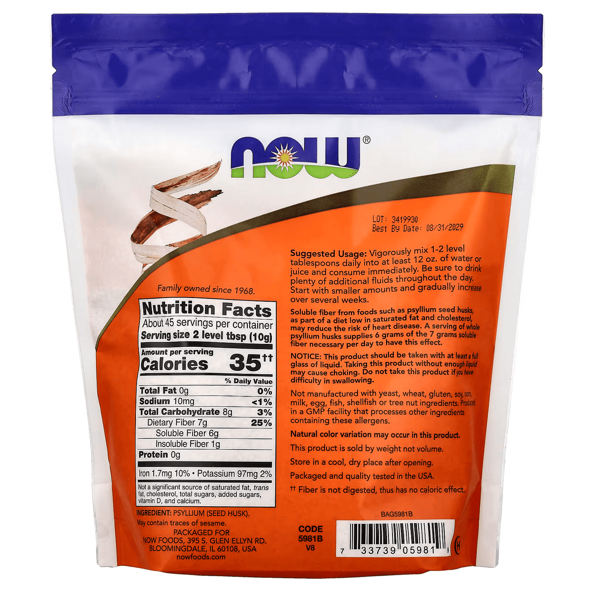 PSYLLIUM HUSK WHOLE NOW FIBRA 16OZ - NOW