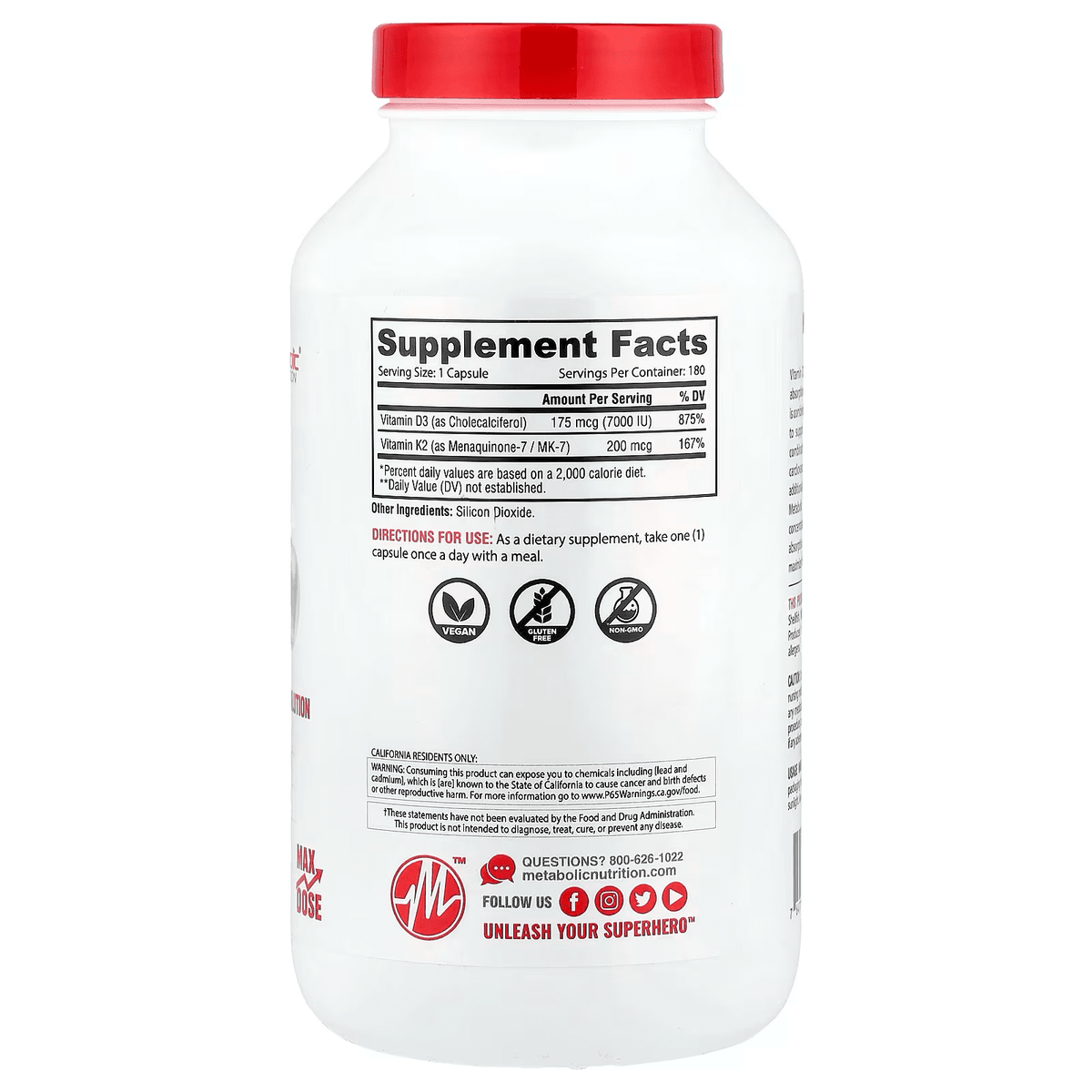 VITAMINA D3 + K2 METABOLIC 180 CAPS - METABOLIC NUTRITION