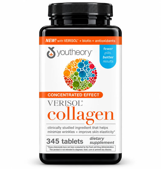 COLLAGEN + BIOTINA + PÉPTIDOS HIDROLIZADOS VITAMINA C Y VITAMINAS DEL COMPLEJO B 345 TABLETAS YOUTHEORY