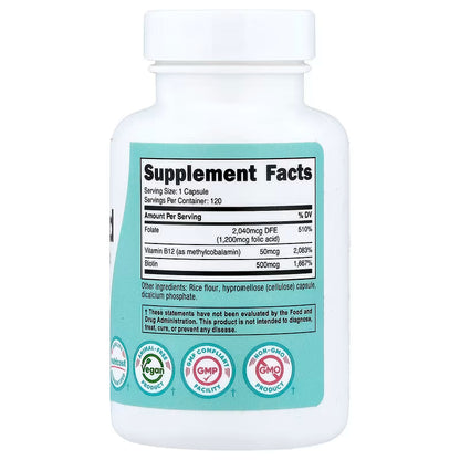 ACIDO FOLICO 1.200 MÁcido Fólico 1.200 mcg + Biotina 500 mcg + Metil B12 50 mcg 120 Cápsulas - Nutricost