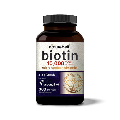 Biotin 10,000 mcg + Hyaluronic Acid 25 mg | 360 Coconut Oil Softgels