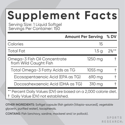 OMEGA 3 1.250 MG EPA 690 MG + DHA 310 MG X 150 CAPSULAS GEL SPORTS RESEARCH
