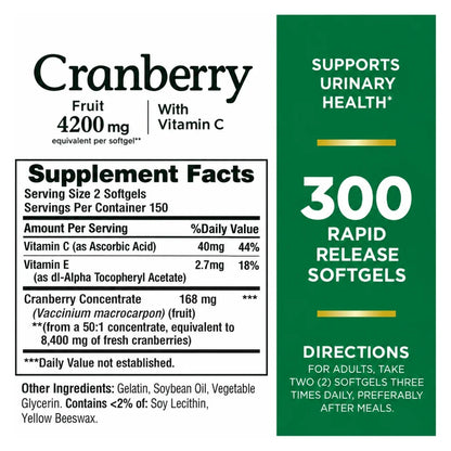 Cranberry con Vitamina C 4200 mg 300 Cápsulas Blandas Natures Bounty