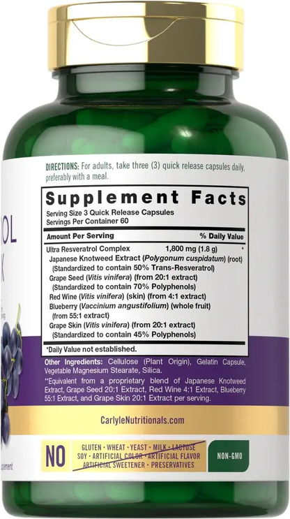 RESVERATROL COMPLEX 1800 MG 180 CÁPSULAS - CARLYLE