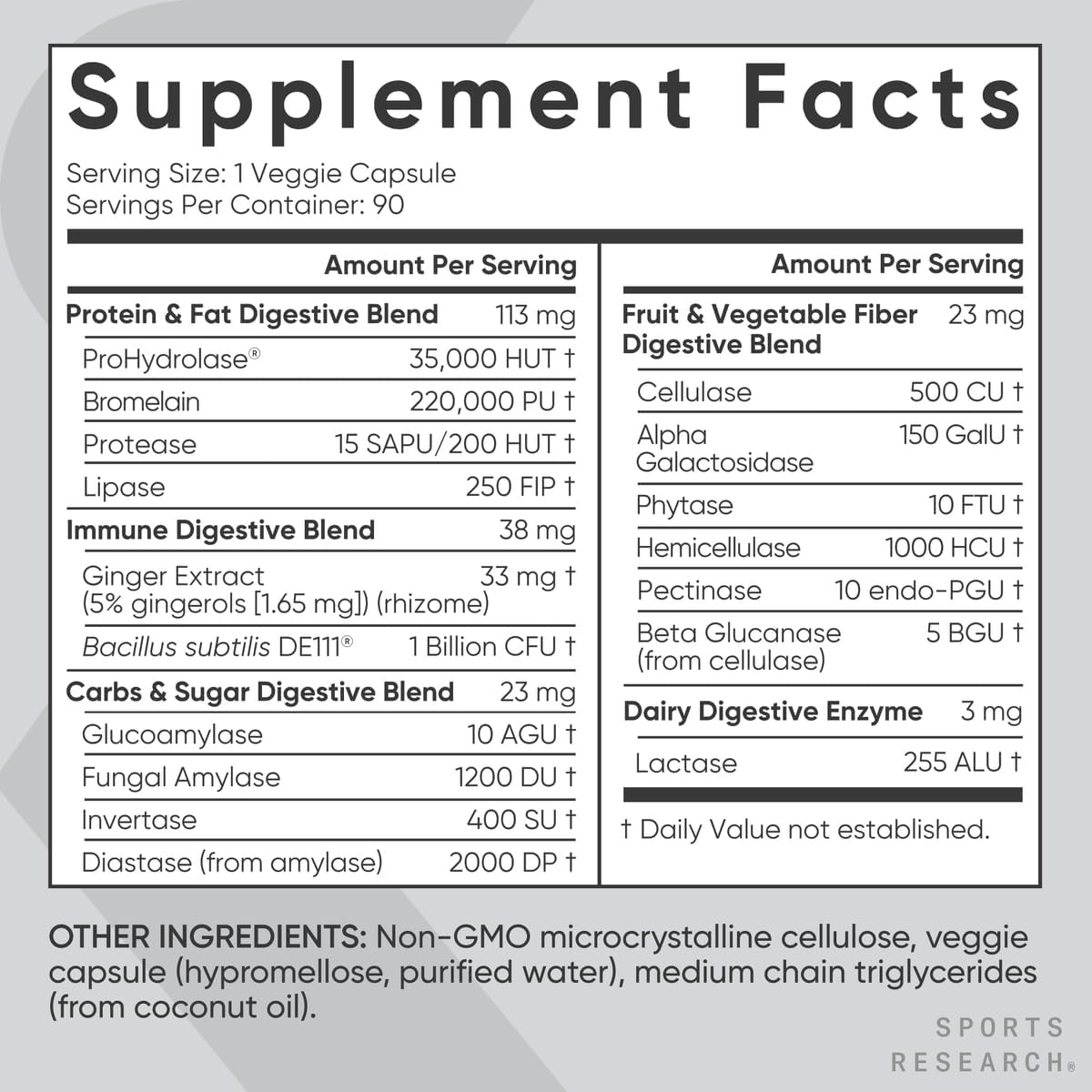 DIGESTIVE ENZYMES + PROBIOTIC 90 CAPSULAS VEGANAS - SPORTS RESEARCH