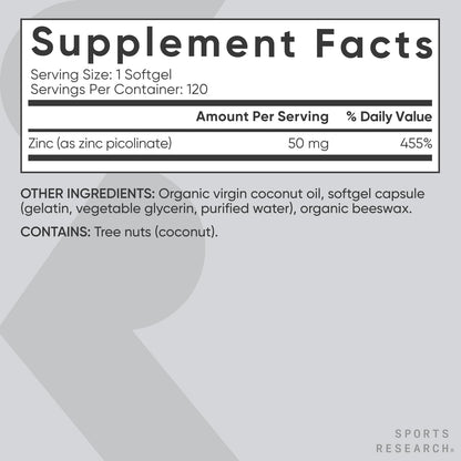 ZINC PICOLINATE HIGH POTENCY 50 MG 60 SOFTGELS - SPORTS RESEARCH