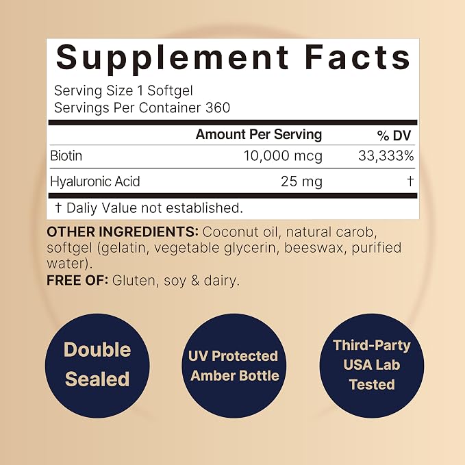 BIOTIN 10,000 MCG + HYALURONIC ACID 25 MG 360 COCONUT OIL SOFTGELS - NATUREBELL