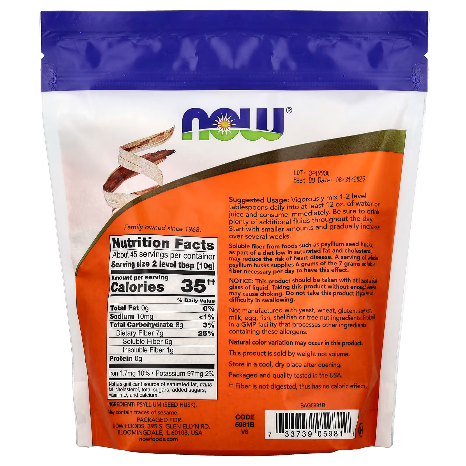 PSYLLIUM HUSK WHOLE NOW FIBRA 16OZ - NOW