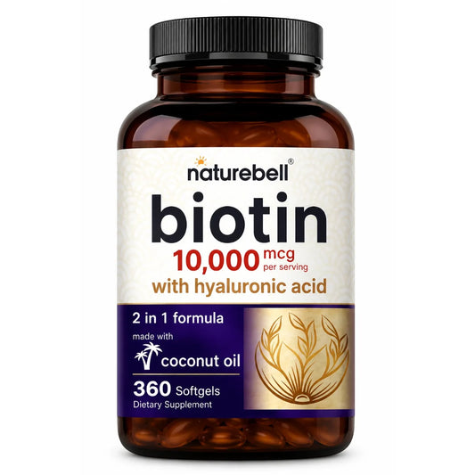 BIOTIN 10 000 MCG + HYALURONIC ACID 25 MG | 360 COCONUT OIL SOFTGELS - NATUREBELL