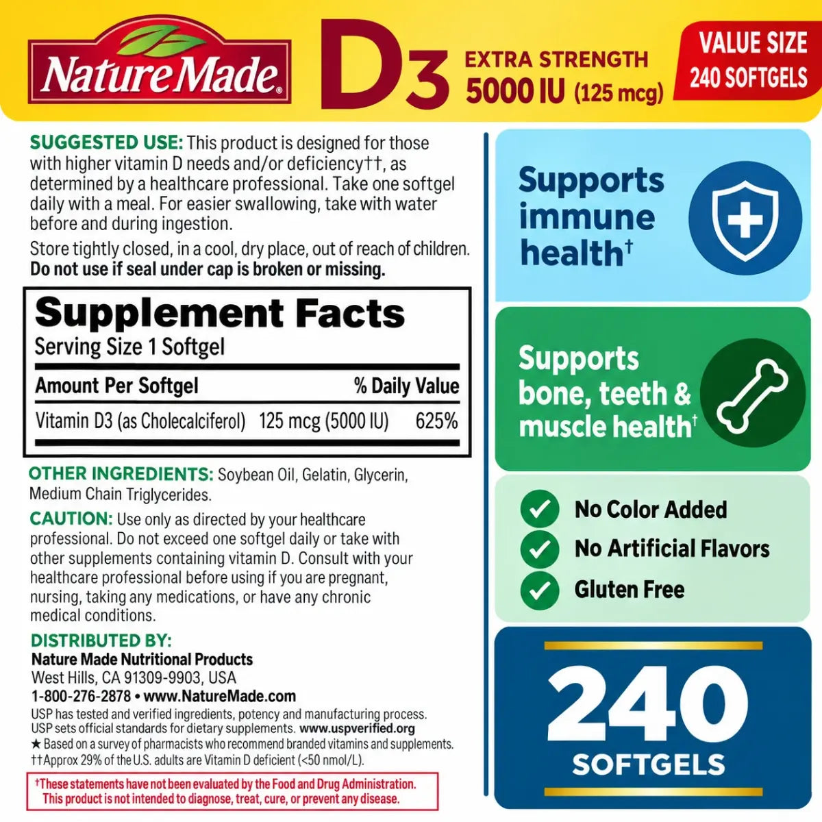 Vitamina D3 5000 UI 240 caps Nature Made - informacion nutricional